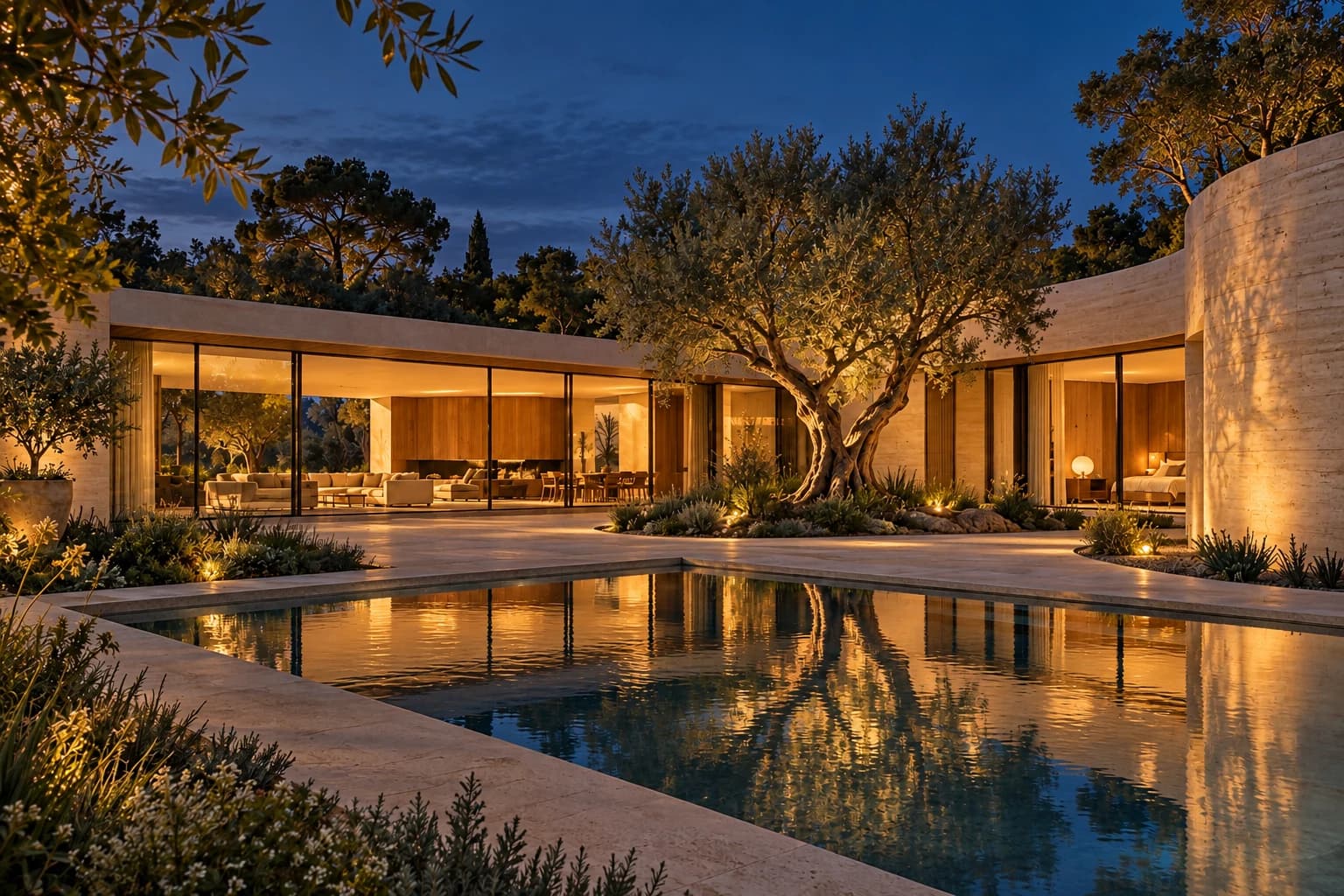 The same fictional courtyard residence at blue hour